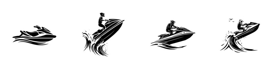 Black and white silhouette icons of personal watercraft with riders in action on water waves for summer sports and vacation themes