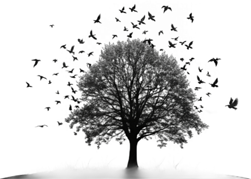 Ash silhouette flock of birds backlit Isolate on transparent background PNG file