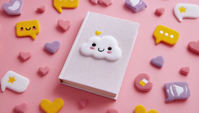 Pastel-colored book surrounded by social media icons and hearts - Powered by Adobe