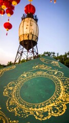 Old water tower and antique map