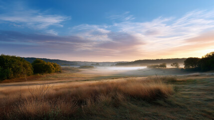 Fototapeta premium Wide view of farmland at dawn, morning mist with soft pastel glow.