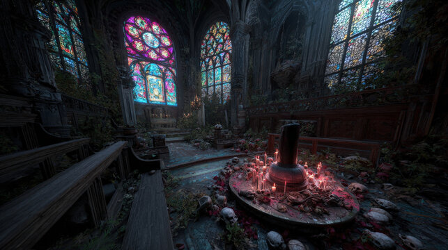 An ancient cathedral in ruins, overtaken by nature and filled with unsettling relics, where eerie stained-glass windows cast a ghostly glow. A dark ritualistic circle surrounds a pulsating black obeli