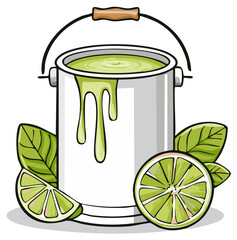 Lime paint bucket splashing with lemons and leaves hand drawn vector illustration