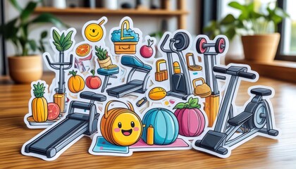 A collection of stickers featuring gym equipment and healthy food items