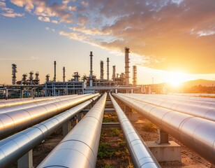 Stunning sunset over oil refinery with pipeline system reflecting warm light, industrial efficiency and energy