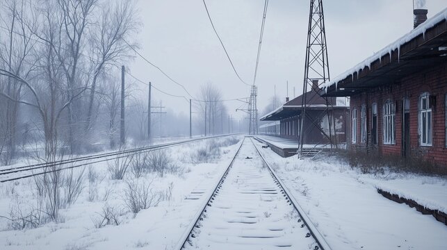 An abandoned train tracks in the snow. Realistic video of a train station in winter. A train in the snow with a landscape of tranquility and solitude. A deserted railway lifestyle in the snow.