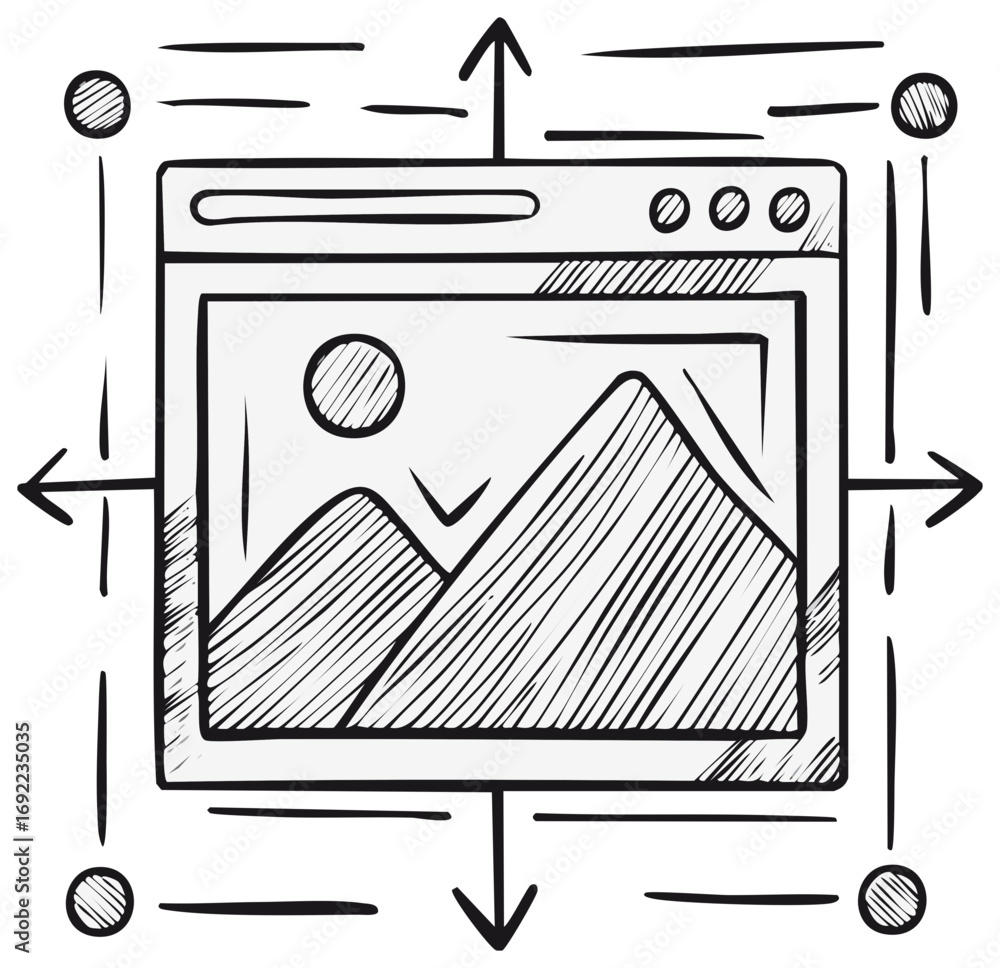 Aufkleber hand drawn web browser window with landscape photo and interface elements