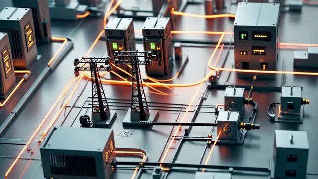 Complex industrial network system with interconnected cables and machinery components on metallic engineered surface
