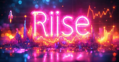 Neon cityscape glows, vibrant text Riise dominates scene. Rocket ascends, data streams suggest growth, success. Futuristic, energetic visuals.
