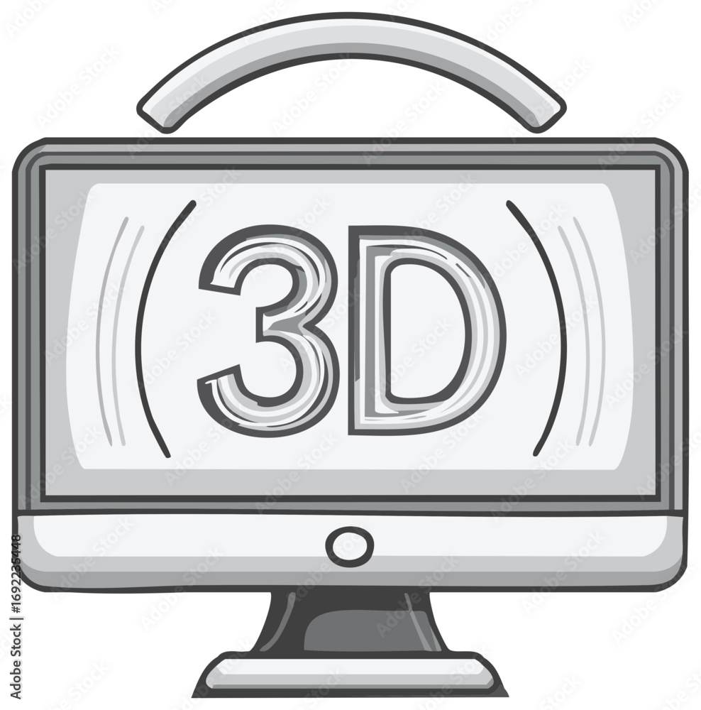 Poster monochrome illustration of a computer monitor displaying 3d text, isolated.