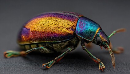 Close-up of a colorful beetle.  Metallic iridescent colors,  vibrant hues of purple, gold, and green.  Detailed view of insect's legs and antennae.  Dark gray backdrop