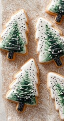 Close-up of Christmas tree-shaped cookies.  Decorated with  watercolor-like  green and white icing