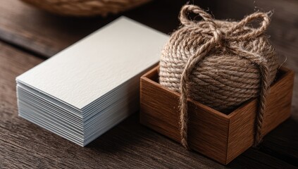Blank business cards, twine ball, wooden box, rustic