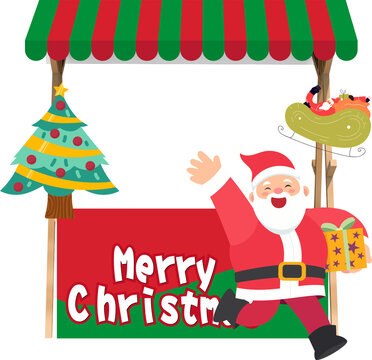 A Christmas promotional poster with a flat design style and vector graphic beauty. The background is dotted with Christmas decorations. Cartoon style and copy space