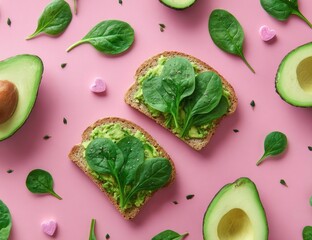 Two slices of toast topped with avocado and spinach, arranged on a pink background with more avocados and spinach leaves.  Small pink heart-shaped candies are scattered around