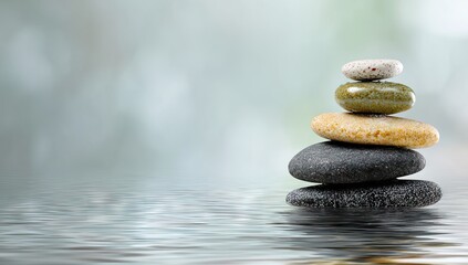 A serene stack of smooth stones rests on tranquil water, evoking a sense of calm and balance.