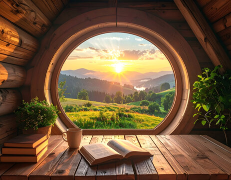 A cozy room with an open book and a round hobbit-style window looking out onto a beautiful green valley at sunrise. A fantasy and reading concept. Generative AI - Powered by Adobe