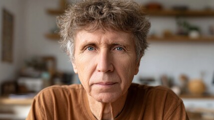 Naklejka premium Portrait of a middle-aged caucasian man with striking blue eyes in a cozy indoor setting