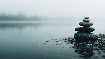A serene stack of stones sits balanced on the water's edge, reflecting tranquility in a misty landscape.
