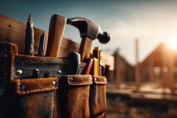 Close-up of a weathered leather tool belt with a hammer and tools at a sunny construction site.