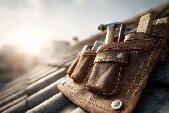 Durable leather tool belt with essential tools resting on a tiled roof.