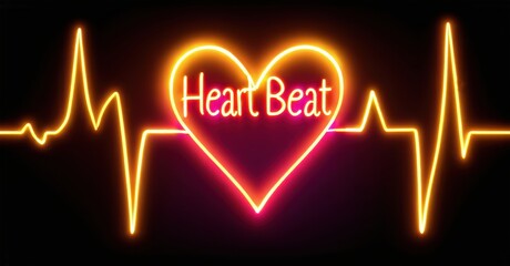 Neon heart beat line illustration. Bright orange, red glow against black background. Text reads Heart Beat within heart shape.