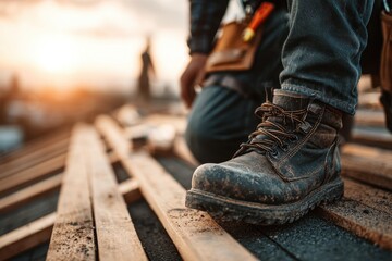 Close-up of a worker's dirty work boot on wooden planks during sunset construction.