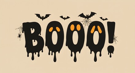 Spooky boo text with dripping paint and flying bats for halloween