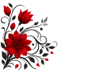 Elegant red roses with dark foliage swirls creating a dramatic floral accent on a deeply contrasting canvas for sophisticated design white background