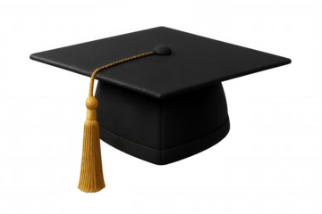 Graduating student's black academic cap featuring golden tassel, symbolizing educational milestone against transparent backdrop