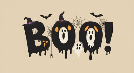 Spooky boo halloween lettering with ghosts witches hats and bats