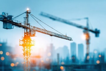 Abstract view of towering construction cranes building a modern urban city.