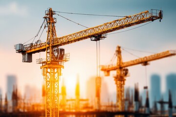 Large yellow construction cranes on a site, lit by golden hour sun.