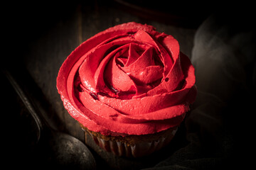 Homemade red cake for Halloween. Festive food concept. Background.close-up