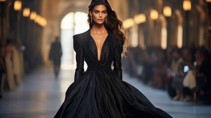 Italian woman walking confidently on runway in sophisticated gown