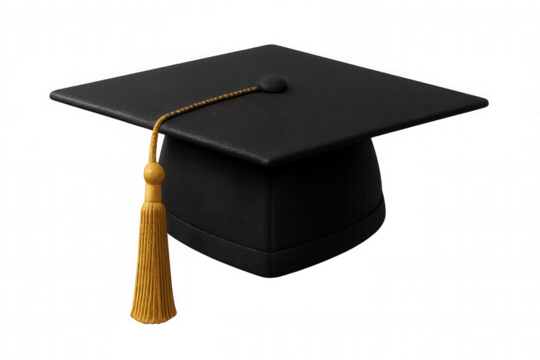 Graduating student's black academic cap featuring golden tassel, symbolizing educational milestone against transparent backdrop