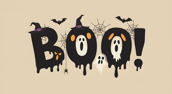 Spooky boo halloween lettering with ghosts witches hats and bats