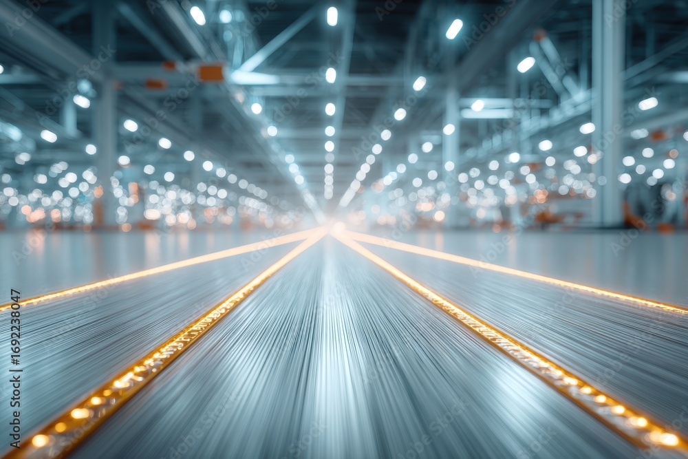 Poster futuristic modern warehouse with bright glowing paths for efficient logistics.