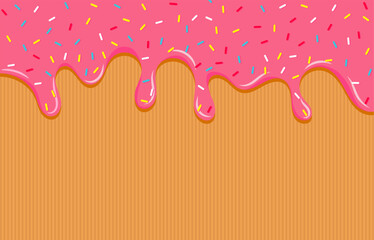 Dripping pink sweet donut glaze vector background, Colorful sprinkles banner background