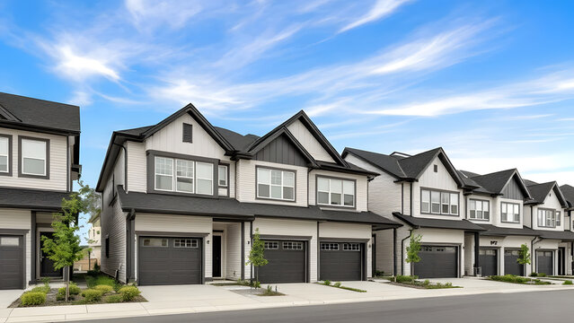 Modern townhouses with attached garages under a blue sky