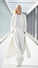 Fototapeta premium Swedish woman walking forward in a total-white ensemble on runway 
