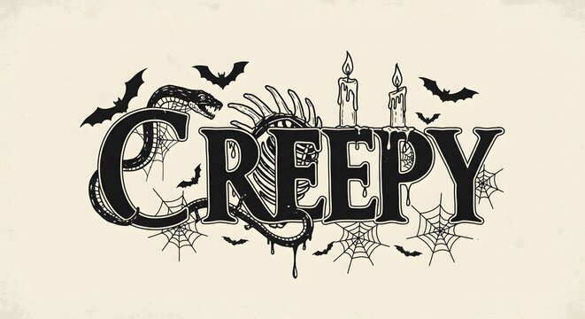 Spooky creepy halloween text with bats and cobwebs illustration