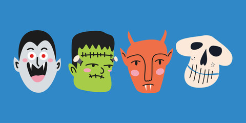 Halloween characters. Spooky cartoon monster heads. Vampire, zombie, evil, skeleton. Trick on treat creepy clipart in retro 90s doodle style