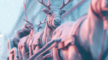 Reindeers in Snowy Forest Scene with Antlers and Harnesses in Winter Landscape