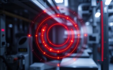Abstract digital interface with red circular elements in technology setting  