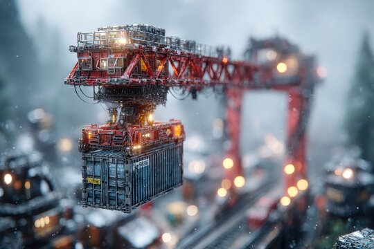Massive futuristic red gantry crane lifting a blue container in a snowy industrial setting.