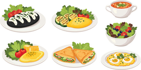 Set of healthy meal vector illustrations with omelet, salad, soup, wraps, eggs, grilled vegetables, perfect for food design.