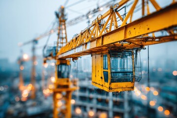 Fototapeta premium Close-up of a vibrant yellow tower crane operator's cabin at a bustling construction site with bokeh lights.