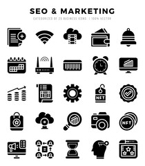 SEO & Marketing elements. Glyph web icon set. Simple vector illustration.