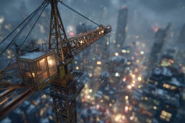 A large yellow construction crane overlooks a bustling city skyline during a snowy night.